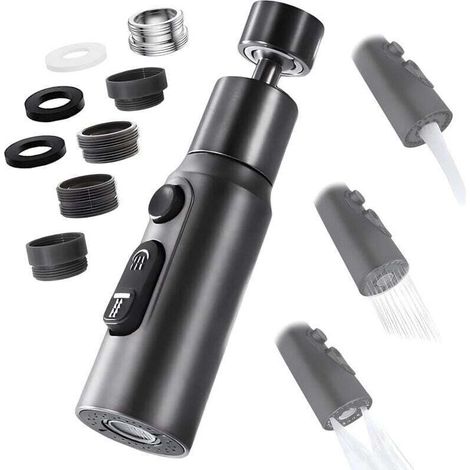 Aérateur de Robinet, 360° Pivotant Embout Robinet Cuisine avec 3 Modes Douchette Mousseur Robinet Economie Eau, Adaptateur Economiseur D'eau Pour Robinet Salle De Bain lavabo (Noir) (1/4)