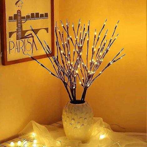 Ensemble de 3 branches lumineuses pour sapin de Noël, intérieur et extérieur, 60 LED étanches, 76 cm, blanc chaud, marron, avec alimentation par piles. (1/4)