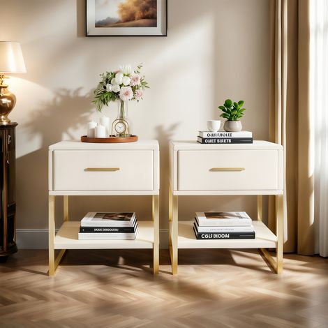 Lot de 2 tables de chevet en velours beige 40 x 31 x 50 - Avec 1 tiroir et des étagères ouvertes - Bande lumineuse LED - Scandinave - Salon/chambre
