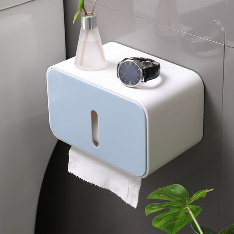Wandmontierter Toilettenpapierhalter ohne Bohren, wasserdichte Toilettenpapierbox, blaues Toilettenpapier-Aufbewahrungsregal. (1/5)