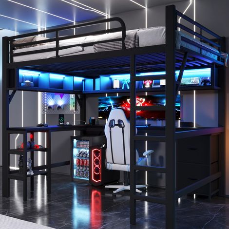 Lit mezzanine métal noir 140x200 cm pour gamer, équipé bureau, bibliothèque, armoire, ports USB et éclairage LED (sans Matelas) (1/5)