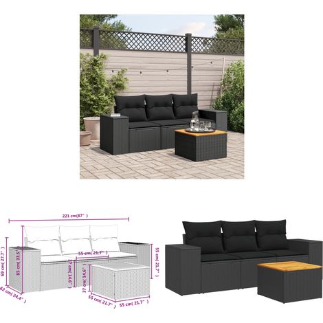 Salon de jardin 4 pcs avec coussins noir résine tressée - Salon De Jardin - Meuble Extérieur - Set Salon - Résine Tressée - Rotin Synthétique - Home & Living (1/3)