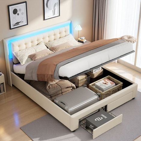 Letto matrimoniale 140x190 - Idraulico - LED RGB - Cassettiera & Cassetti - Velluto Bianco Sporco