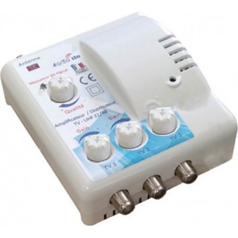 Amplificateur distributeur intérieur 3 sorties F UHF Tonna 402663 - Filtre LTE 700 4G 5G, Gain 22 x 3 dB, réglable avec mesureur LED (1/2)