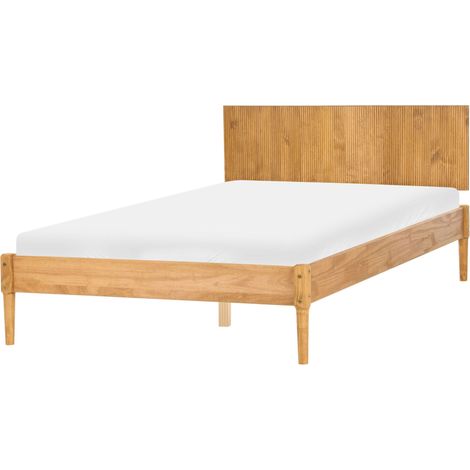Bed Light Brown Pine Wood Frame with Slatted Bed Base Ribbed Headboard EU Double Size 4ft6 Natural Scandi Style AMBAZAC (1/5)