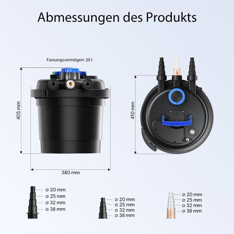 Wiltec CPF-180 Filtre de bassin à pression avec stérilisation UV - 380 x 380 x 400 mm - 11 W / étang 6000 l max. / réservoir 20 l - Nettoyage facile - Filtration eau à grand débit