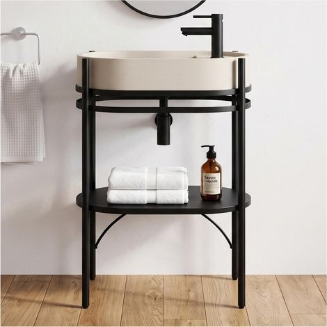 Meuble simple vasque sur pieds LUCIA 55cm en métal noir et vasque béton et robinet noir (1/5)