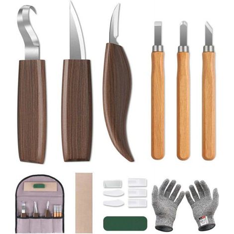 Lot de 10 outils de sculpture sur bois, kit de sculpture sur bois avec 3 ciseaux à bois, 3 couteaux à sculpter le bois, gants, sac (1/4)