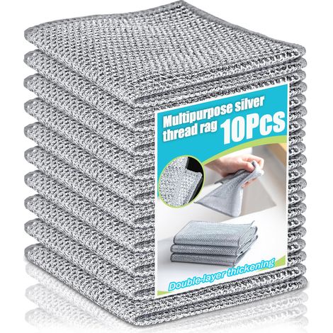 Lot de 10 chiffons à vaisselle anti-rayures en fil d'argent, double couche, réutilisables et multi-usages pour la cuisine, les casseroles, l'évier et les plaques de cuisson, 20 x 20 cm (1/3)