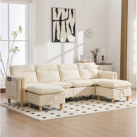 Sofá modular en U 261x77x86 cm beige de chenilla con 2 pufs arcón, 4 plazas y bolsillos laterales (1/5)