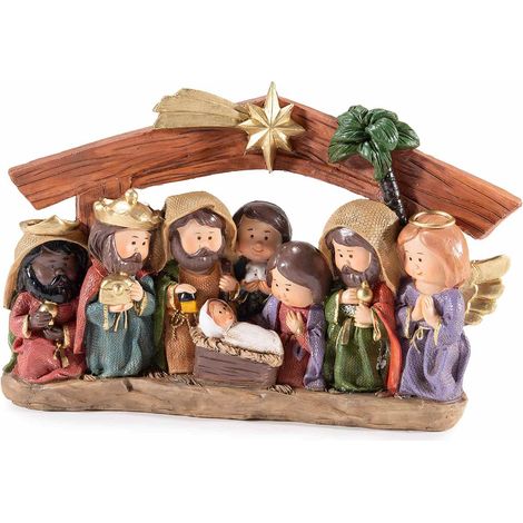 Decorazione Presepe / Sacra Famiglia in resina colorata da appoggiare, set da 2 pezzi, cm 21,5 x 6 x 13,5 H