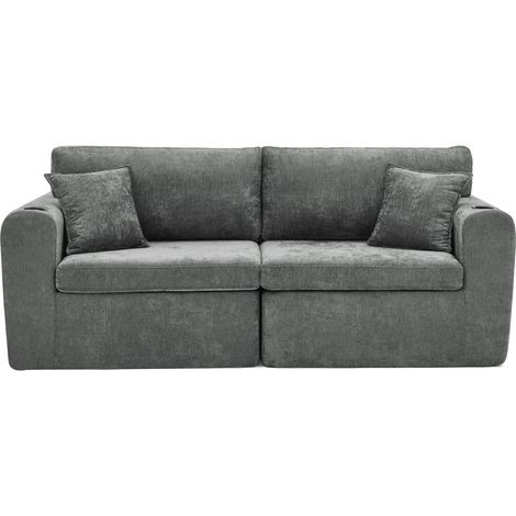 Divano relax a 2 posti in tessuto chenille grigio con tasca laterale, portabicchieri e cuscini (1/5)