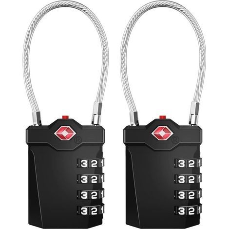 Suitcase lock, 4-digit TSA combination lock with opening alarm, gym cable lock (2 pieces, black) (1/5)