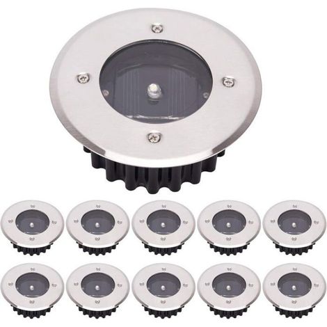 Lot De 10 Lampes Solaires LED Au Sol - Éclairage Extérieur - Lampe Enfouie Encastrable - Étanche IP65 - Blanc Froid - Forme Ronde (1/5)