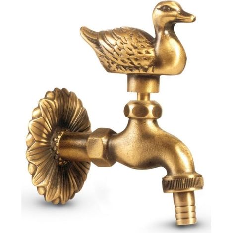 Robinet "Canard" , 1/2", Effet laiton patiné, longue distance au mur, grande rosace murale (1/5)