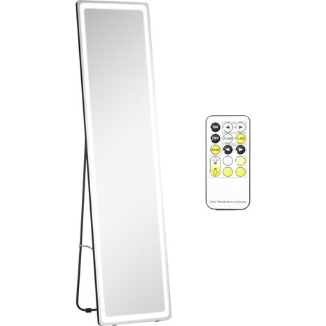 Full-Length Mirror, 160 x 40 cm, Wall Mounted, Freestanding Floor Mirror with LED Lights and Remote Control, Dimming & 3 Colour Modes, for Bedroom, Black