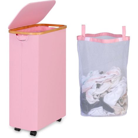 Wäschekorb Deckel Innentasche Rollen Faltbar 75L mit Rädern Rosa (1/5)