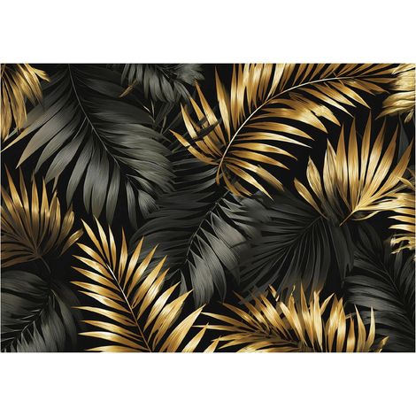 Papier peint mural feuilles doré noir glamour intissé grand format design intérieur salon chambre pas cher 200x140 cm