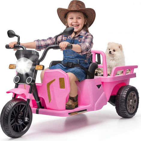 Tricycle électrique enfant 12V type Tuk-Tuk 3 roues - Remorque + benne-pelle - 2 moteurs, Sans fil, LED, klaxon, USB/AUX, marche AV/AR - Dès 3 ans - Rose (1/5)