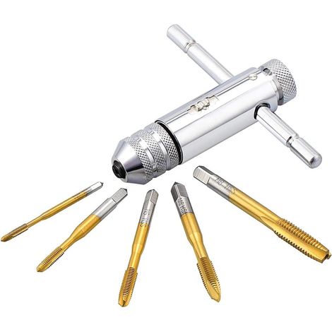 Tarauds à Main, Clé à Taraud Réglable, Clé pour Porte-taraud à Poignée en T avec 5 pièces HSS M3 M4 M5 M6 M8 Taraud à Filetage Métrique (1/5)