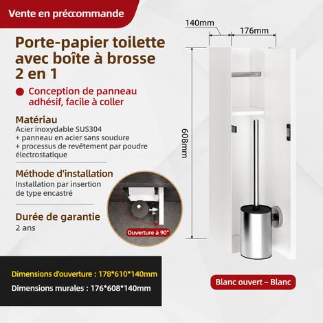 Niche Murale Encastrée WC Inox, porte-papier et brosse WC blanc mat ouverture à gauche, Charge 50 kg – Livraison gratuite