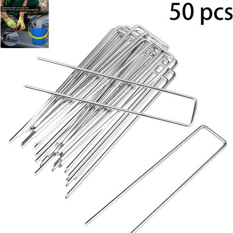 50 piquets en U pour paillis de gazon - Piquets en acier galvanisé - Piquets pour désherbage - Fer galvanisé argenté - Piquets de sol en U - 150 mm argenté (1/5)