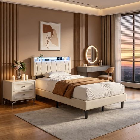 Lit simple 90x200,lit 90x200 avec sommier à lattes,LED,USB,lit adulte,lit 1 personne,tissu en lin,Beige (1/4)