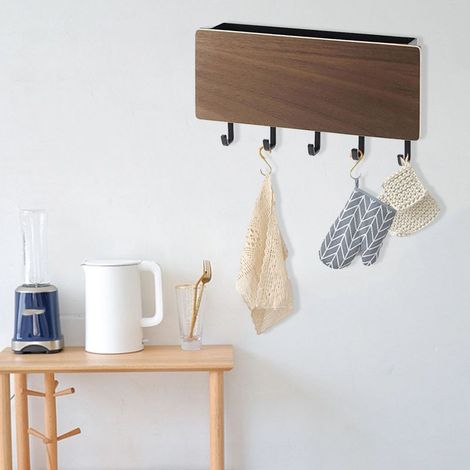 Porte-clés mural bois avec 5 crochets et rack pour courrier Mounting sans perforation Orga-storage shelf ABS et bois 18x10x3cm Color noyer Livré 1 (1/5)