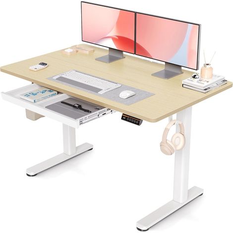Höhenverstellbarer Schreibtisch 120x60 cm Elektrisch Standing Desk Weiß/Beige (1/5)