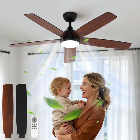 Ventilateur de Plafond 132 cm avec Lumière LED Télécommande, 6 Vitesses Silencieux, 3 Températures Couleur, Moteur DC Réversible Été/Hiver, Plafonnier Ventilateur Chambre Salon, Noyer (1/5)