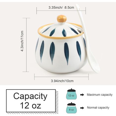 Sucrier JeiibrZui avec cuillère - 430 ml - Pot à épices en céramique avec couvercle - Porcelaine blanche pour la cuisine et le coin café (1/5)