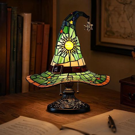 Lampe de table chapeau de sorcière en résine style vitrail, veilleuse chapeau de sorcier gothique pour Halloween, alimentation USB (1/5)