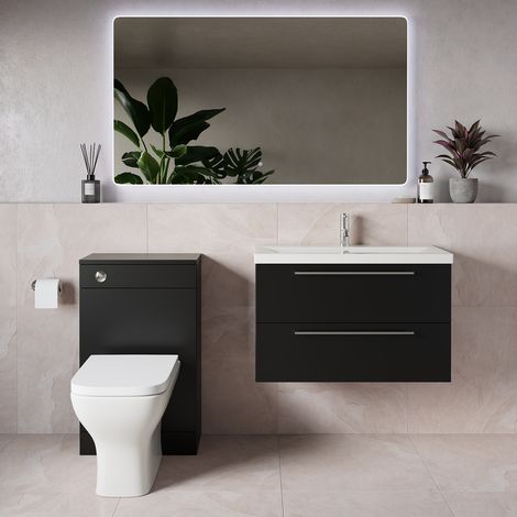 Napoli 390 Matt Black 1300mm Wall Mounted 2 Drawer Vanity Unit and Toilet Suite with Glide Basin - 1300mm - Chrome 480mm HandleWith Kingston Toilet Pan and Seat