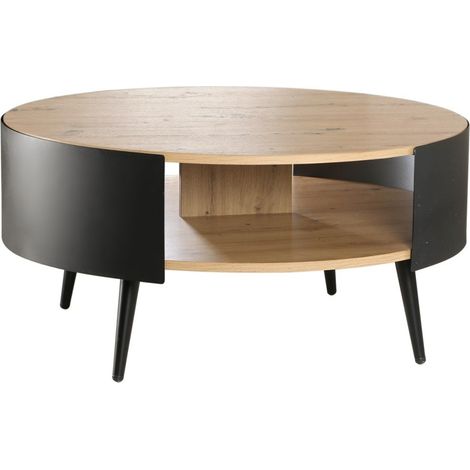 Calicosy – Table basse ronde 2 niveaux en métal noir – Diamètre 80 cm – Décor bois – Hauteur 39 cm – Pour espaces modernes