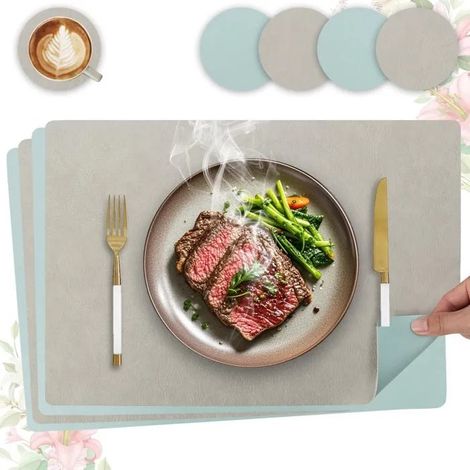 Set de table lavable et antidérapant, lot de 4 en cuir PU double face, 43x30cm, gris clair - Gris Clair + Bleu Clair Carré Lot de 4 (1/5)