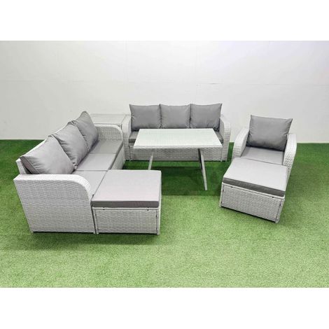 Fimous 7 Pieces Outdoor PE Rattan Garden Furniture with Cushions Reclining Chair Side Table 2 Big Stools Light Grey (1/4)