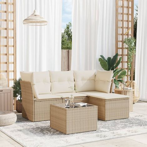 Salon de jardin modulable 5 pièces en résine tressée beige avec coussins et table en verre trempé (1/3)