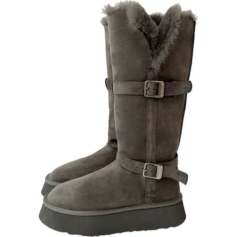 Bottines femme hiver cuir véritable boucle cavalier doublure fourrure mouton chaude, bottes longues neige épaisses coton noir, chaussures montantes confortables. (1/2)