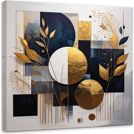 Impression sur Toile, Abstraction cercles feuilles bleu et or,40x40