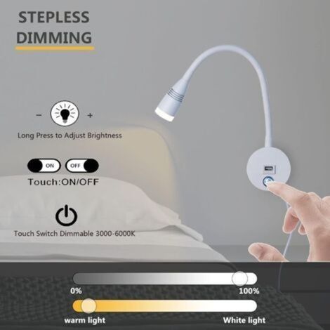 Flexible Wandleseleuchte mit USB-Anschluss, dimmbare Nachttischleuchte, Wandleuchte für den Innenbereich mit Schalter, Touch-Bedienung, 3 W, Weiß, 2er-Pack (1/4)