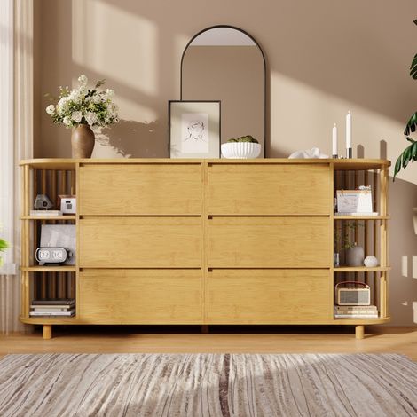 Commode design romain-chêne massif-6 tiroirs-étagères bambou-pieds réglables-160x40x75cm (1/5)