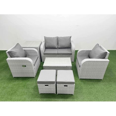 Fimous Light Grey PE Wicker Rattan Garden Furniture Set Sofa Set Reclining Adjustable Chair Rectangular Coffee Table 6 Seater 2 Small Stools Side Table (1/4)