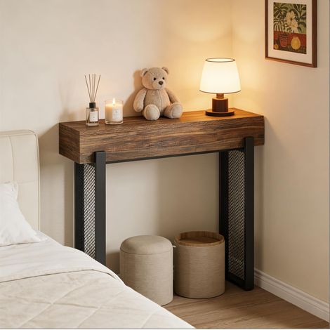 Table console en bois avec rangement caché, imitation bois, marron et noir (1/5)