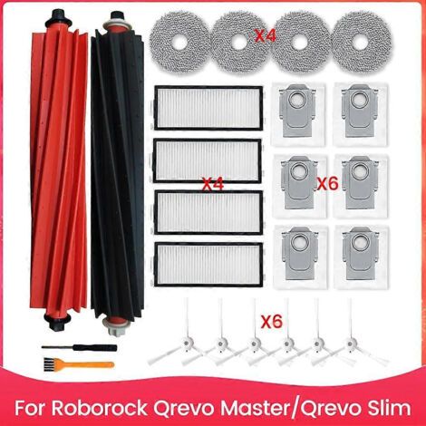 Kit d'accessoires pour aspirateur robot Roborock Qrevo Master/Qrevo Slim : brosses latérales principales, filtres HEPA, lingettes de nettoyage, sacs à poussière.