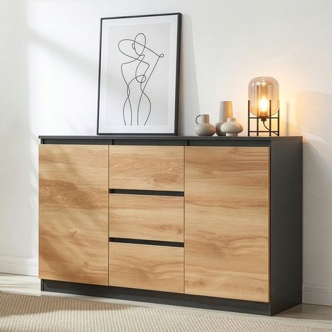 Credenza Mobile Contenitore Kyr Comò con 2 Ante e 3 Cassetti 120 x 35 x 75 cm - Nero/Effetto Rovere Rustico [en.casa] (1/5)