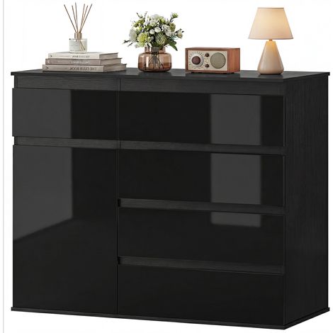 Buffet moderne avec 5 tiroirs pliable brillant pour salon moderne, rangement tiroirs, étagère réglable, porte fermeture amortie, noir laqué (1/5)
