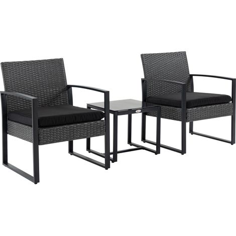 2-Sitzer, 3-teiliges Gartenmöbelset: 2 Stühle mit Kissen + Couchtisch mit Tischplatte aus gehärtetem Glas, 4-strängigem Kunstharzgeflecht, graues Rattanimitat (1/5)