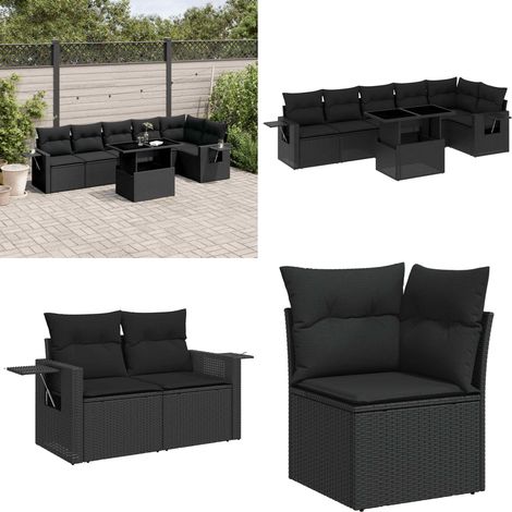 7-tlg. Garten-Sofagarnitur mit Kissen Schwarz Poly Rattan - Gartenmöbel Set - Esszimmergarnitur - Outdoor Möbel - Lounge Garnitur - Rattan Gartenmöbel - Home & Living (1/5)