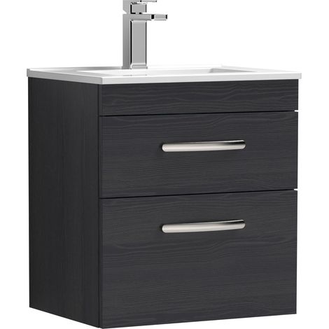 Nuie Athena Charcoal Black Woodgrain 500mm Wall Hung 2 Drawer Vanity Unit and Minimalist Ceramic Basin - ATH019B (1/5)
