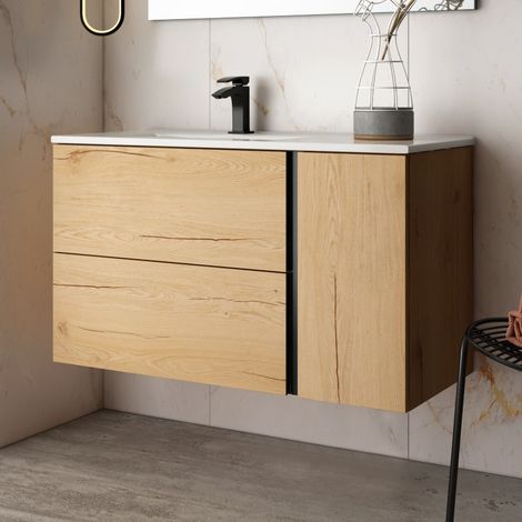 Meuble de salle de bain 100cm vasque déportée - 2 tiroirs et 1 placard - sans miroir - PRADO (1/2)